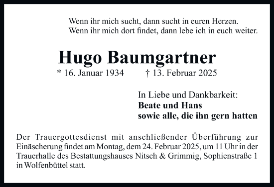 Traueranzeige von Hugo Baumgartner von Wolfenbütteler Zeitung