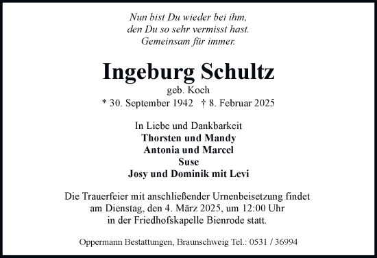 Traueranzeige von Ingeburg Schultz 