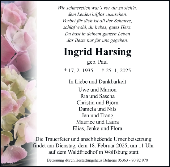 Traueranzeige von Ingrid Harsing 