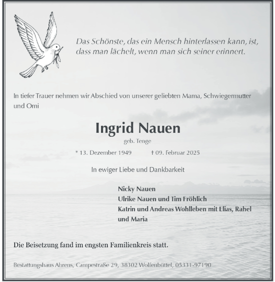 Traueranzeige von Ingrid Nauen von Wolfenbütteler Zeitung
