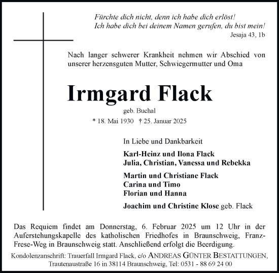Traueranzeige von Irmgard Flack 