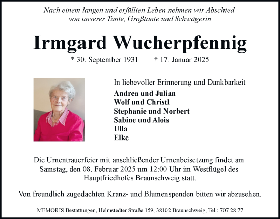 Traueranzeige von Irmgard Wucherpfennig 