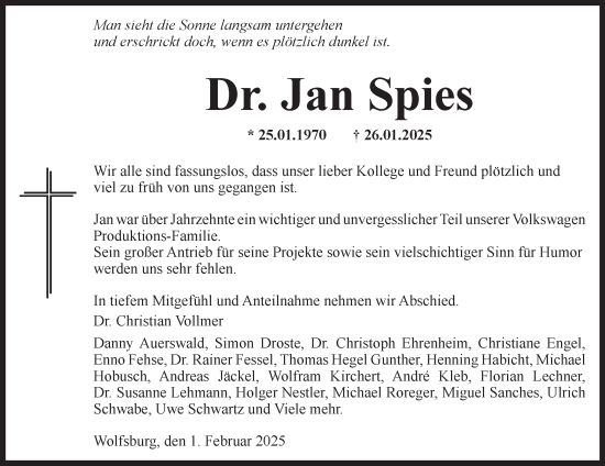 Traueranzeige von Jan Spies 