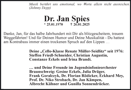 Traueranzeige von Jan Spies 