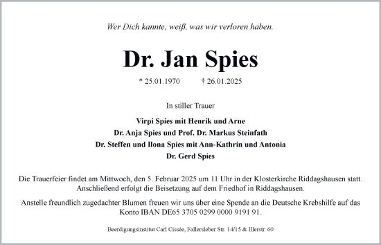 Traueranzeige von Jan Spies 