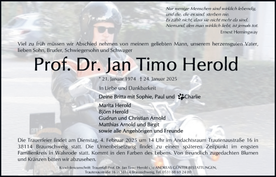 Traueranzeige von Jan Timo Herold 