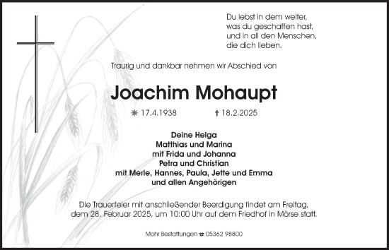 Traueranzeige von Joachim Mohaupt 