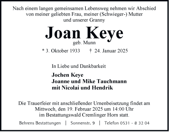 Traueranzeige von Joan Keye 