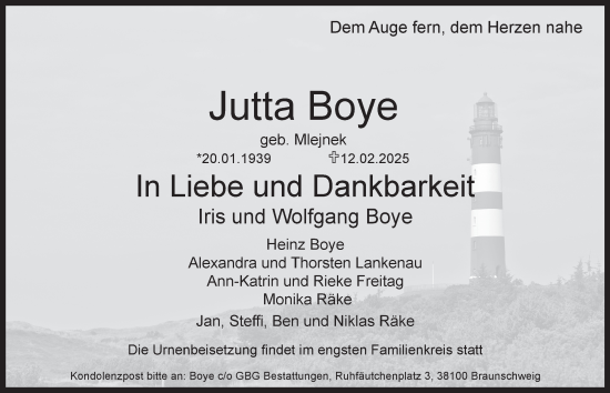 Traueranzeige von Jutta Boye 