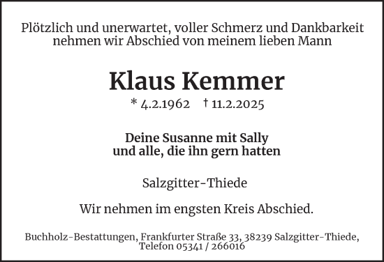 Traueranzeige von Klaus Kemmer von Salzgitter-Zeitung