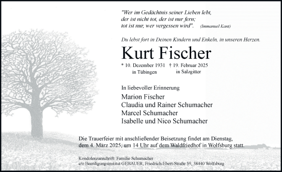 Traueranzeige von Kurt Fischer von Salzgitter-Zeitung
