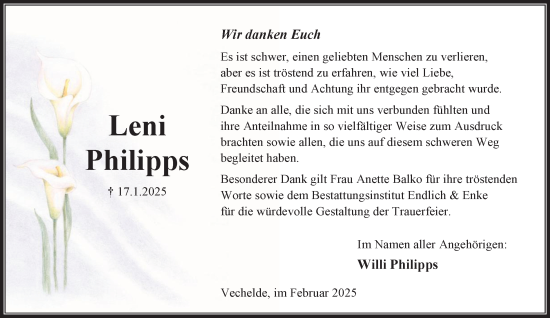 Traueranzeige von Leni Philipps von Peiner Nachrichten