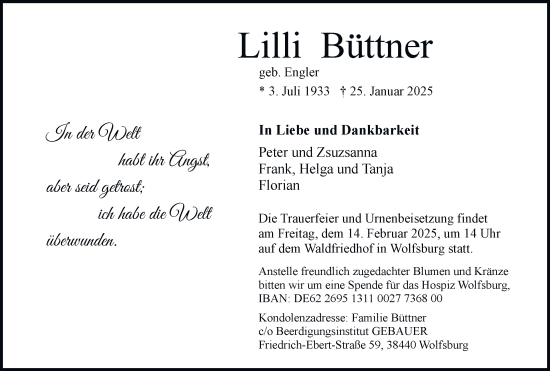 Traueranzeige von Lilli Büttner 