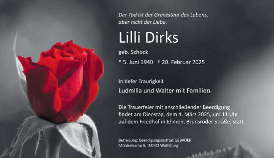 Traueranzeige von Lilli Dirks 