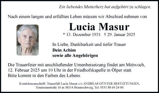 Traueranzeige von Lucia Masur 