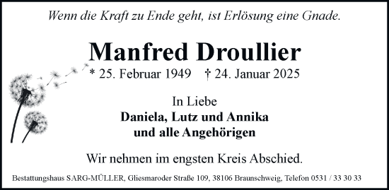 Traueranzeige von Manfred Droullier 