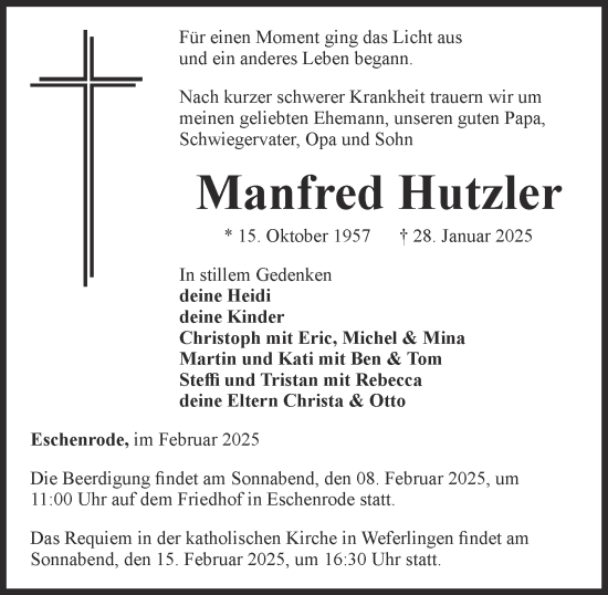 Traueranzeige von Manfred Hutzler von Helmstedter Nachrichten