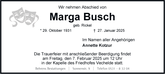 Traueranzeige von Marga Busch von Neue Braunschweiger am Samstag