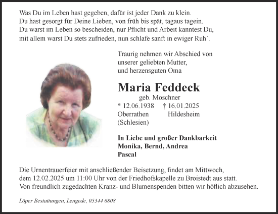 Traueranzeige von Maria Feddeck von Peiner Nachrichten