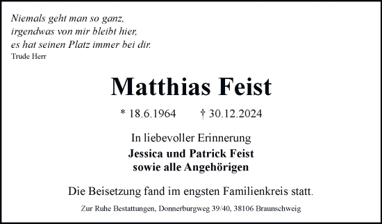 Traueranzeige von Matthias Feist von Neue Braunschweiger am Samstag