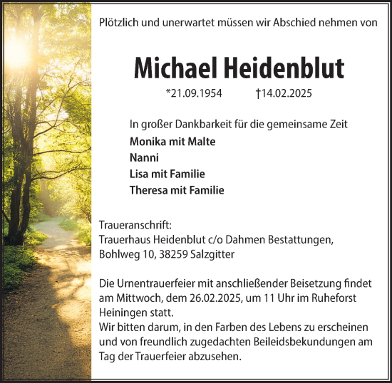 Traueranzeige von Michael Heidenblut von Salzgitter-Zeitung
