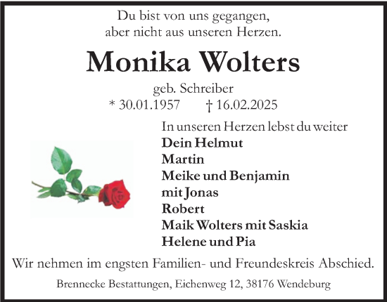 Traueranzeige von Monika Wolters von Peiner Nachrichten