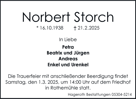 Traueranzeige von Norbert Storch 