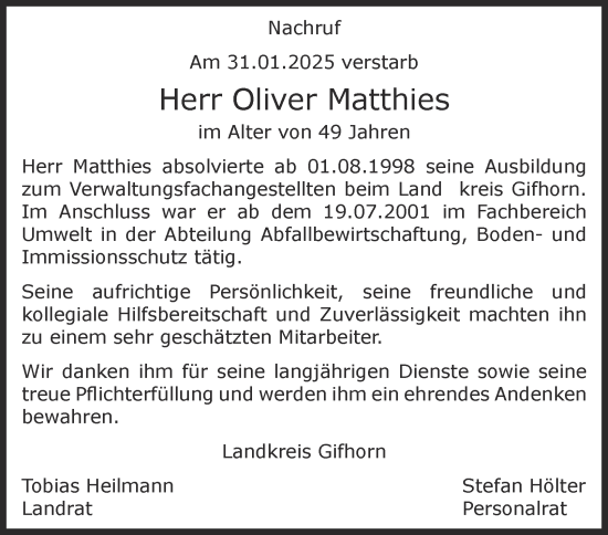 Traueranzeige von Oliver Matthies 