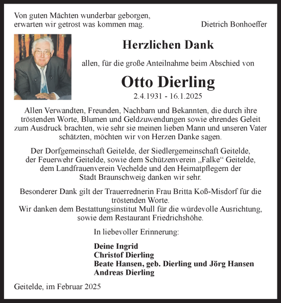 Traueranzeige von Otto Dierling von Salzgitter-Zeitung