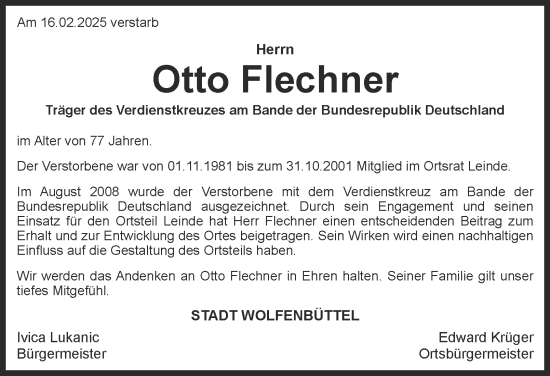 Traueranzeige von Otto Flechner von Wolfenbütteler Zeitung