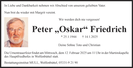 Traueranzeige von Peter  Friedrich 
