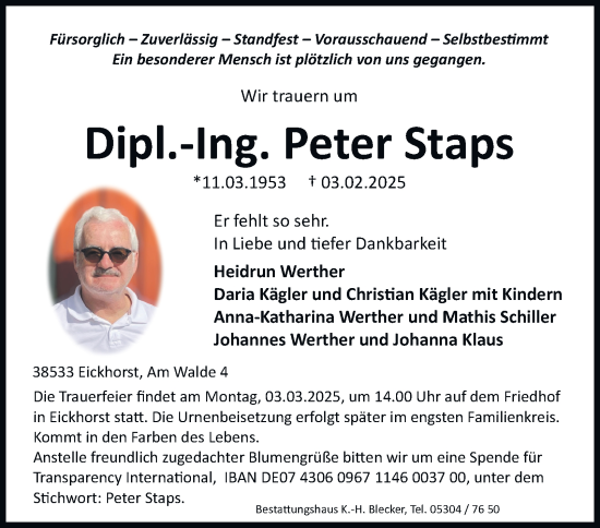 Traueranzeige von Peter Staps 
