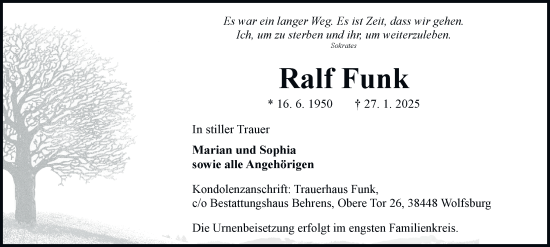 Traueranzeige von Ralf Funk 