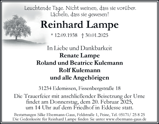 Traueranzeige von Reinhard Lampe von Helmstedter Nachrichten, Peiner Nachrichten