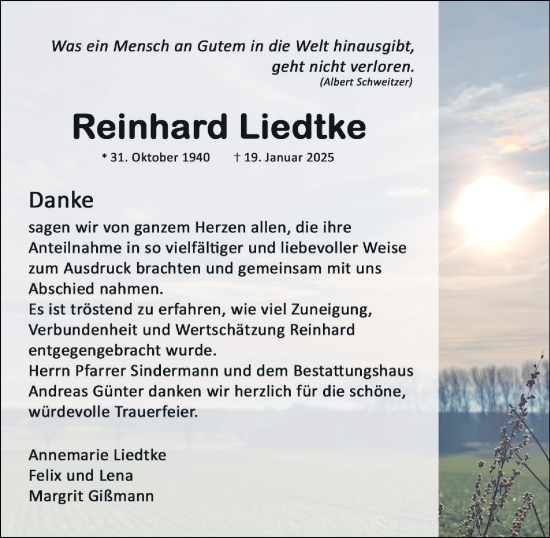 Traueranzeige von Reinhard Liedtke 