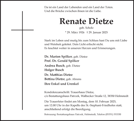 Traueranzeige von Renate Dietze von Helmstedter Nachrichten