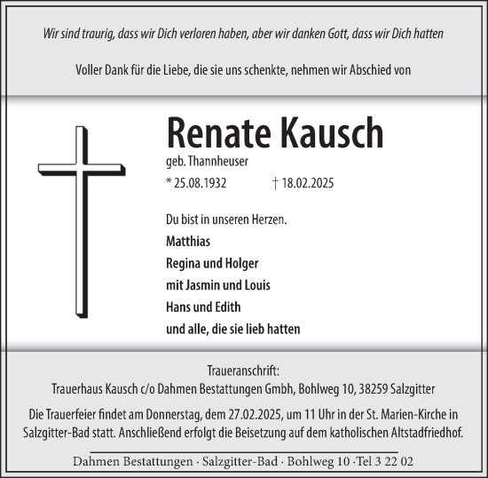 Traueranzeige von Renate Kausch von Salzgitter-Zeitung