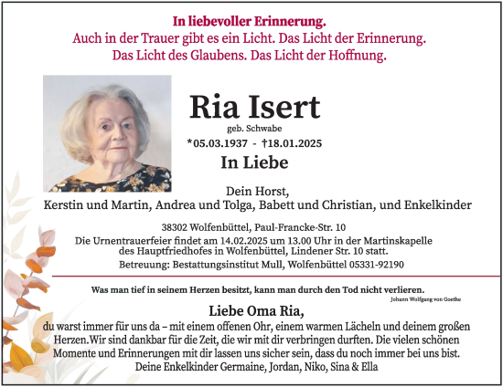 Traueranzeige von Ria Isert 