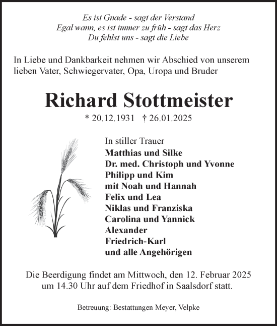 Traueranzeige von Richard Stottmeister von Helmstedter Nachrichten