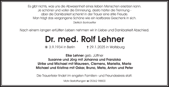 Traueranzeige von Rolf Lehner 