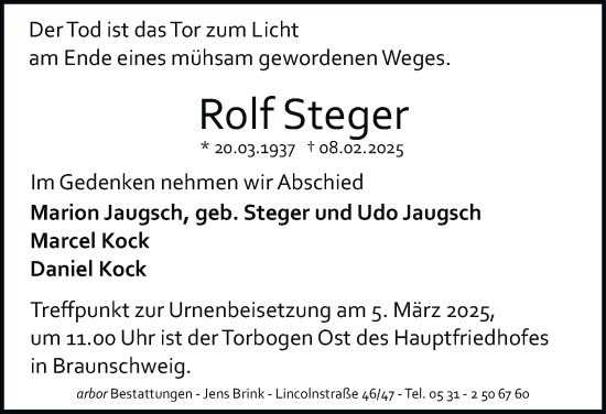 Traueranzeige von Rolf Steger 