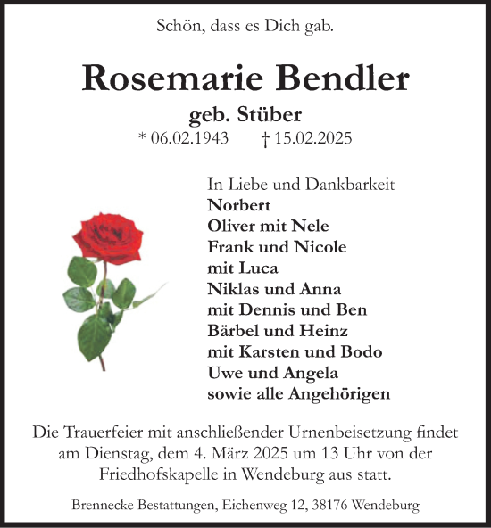 Traueranzeige von Rosemarie Bendler 