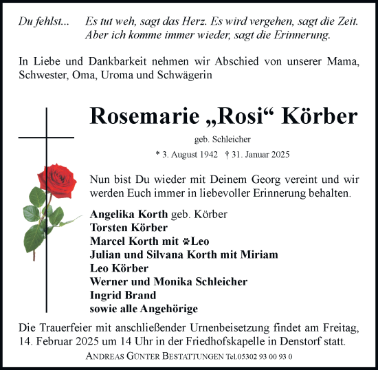 Traueranzeige von Rosemarie Körber 