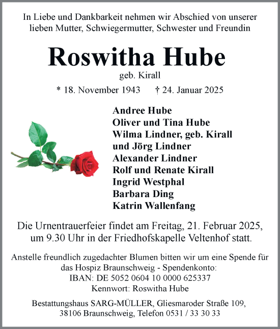 Traueranzeige von Roswitha Hube 