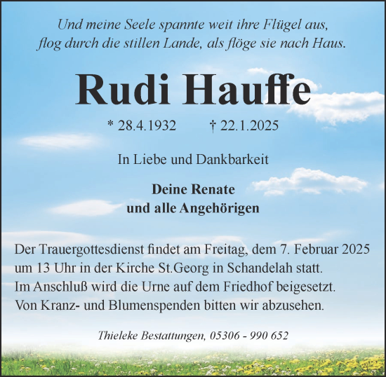 Traueranzeige von Rudi Hauffe von Wolfenbütteler Zeitung