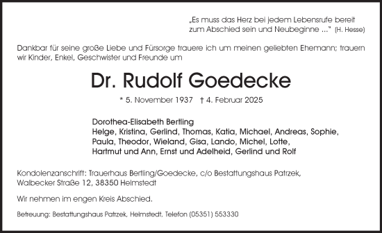 Traueranzeige von Rudolf Goedecke 