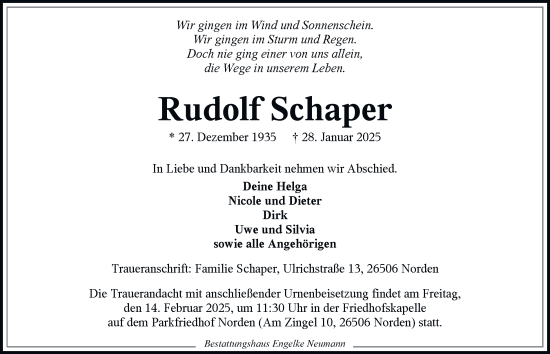 Traueranzeige von Rudolf Schaper von Salzgitter-Zeitung