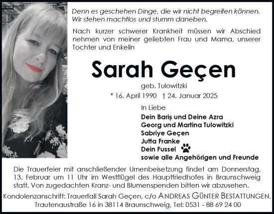 Traueranzeige von Sarah Gecen 