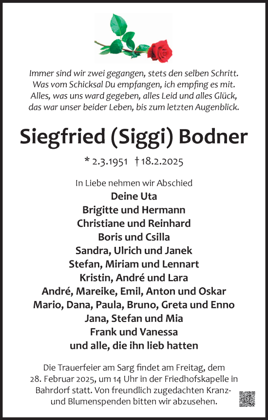 Traueranzeige von Siegfried Bodner von Helmstedter Nachrichten