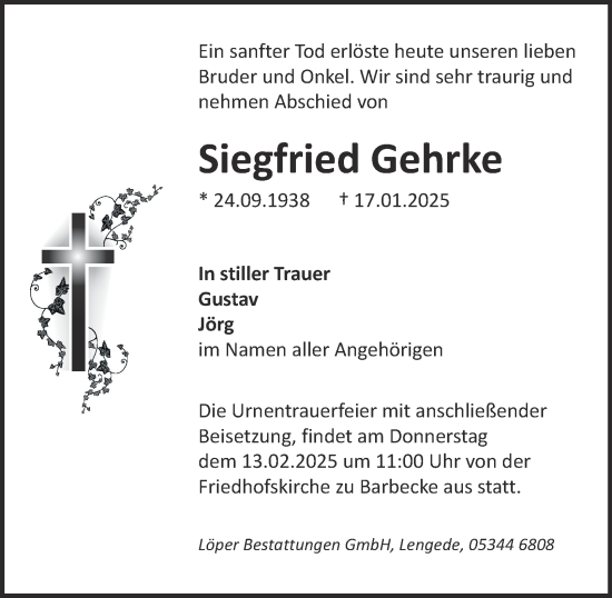Traueranzeige von Siegfried Gehrke von Salzgitter-Zeitung